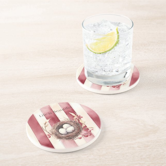 Red Cream Stripes Bird Nest Coaster (Side)