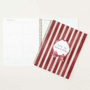 Red Cream Stripes Bow Planner