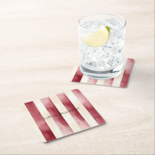 Red Cream Stripes Square Paper Coaster