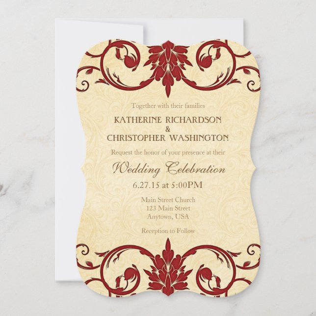 Red Cream Swirls Vintage Wedding Invitation (Front)