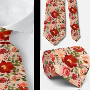 Red Cream Watercolor Floral Roses Neck Tie