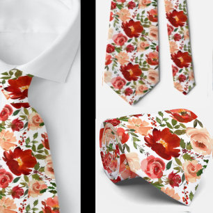 Red Cream Watercolor Floral Roses Neck Tie