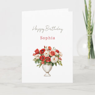 Red Cream White Floral Birthday Card