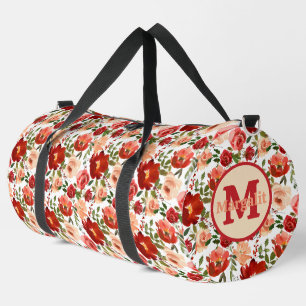 Red Cream White Poppies Roses Floral Large Duffle Bag
