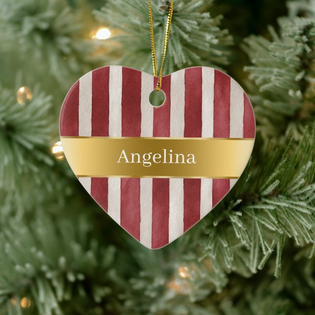 Red Cream White Stripes Gold Ribbon Christmas Ceramic Tree Decoration (Tree)