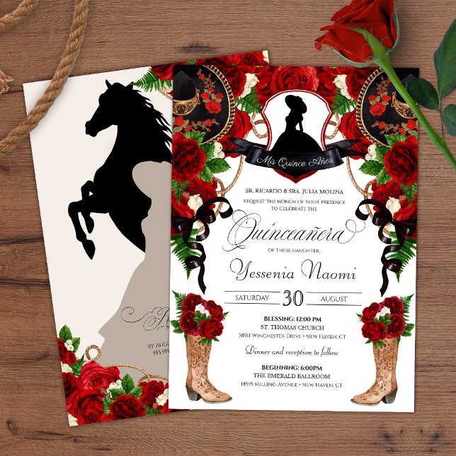 Red Crest Charro Western Roses Floral Quinceanera Invitation (Creator Uploaded)