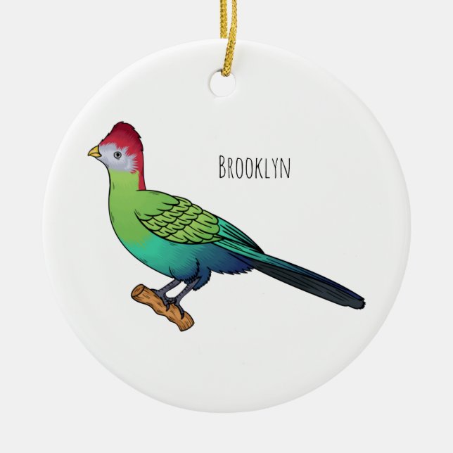 Red-crested turaco bird cartoon illustration  ceramic tree decoration (Front)