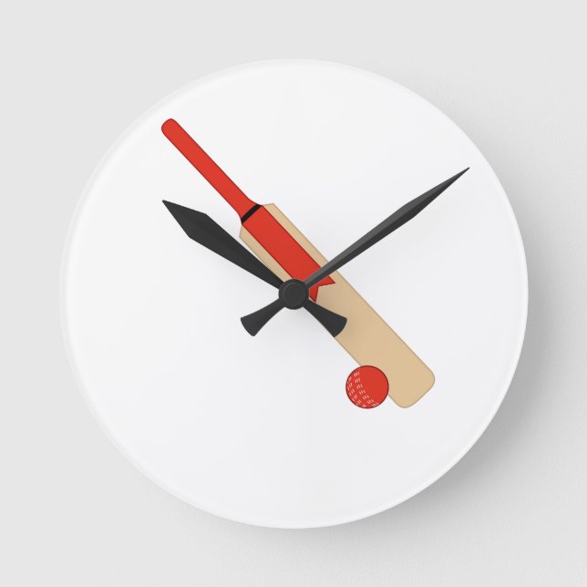 Red Cricket Bat and Ball Wall Clock (Front)