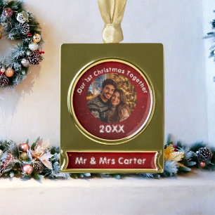 Red Crimson 1st Christmas Together Couple Photo Gold Plated Banner Ornament