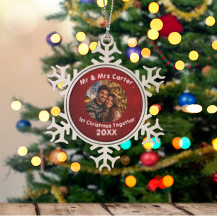 Red Crimson 1st Christmas Together Couple Photo Snowflake Pewter Christmas Ornament