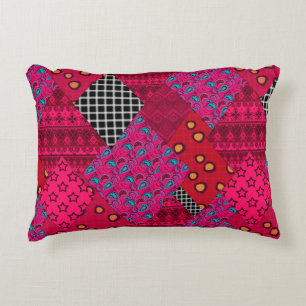 Red  Crimson  Colourful patchwork   Decorative Cushion