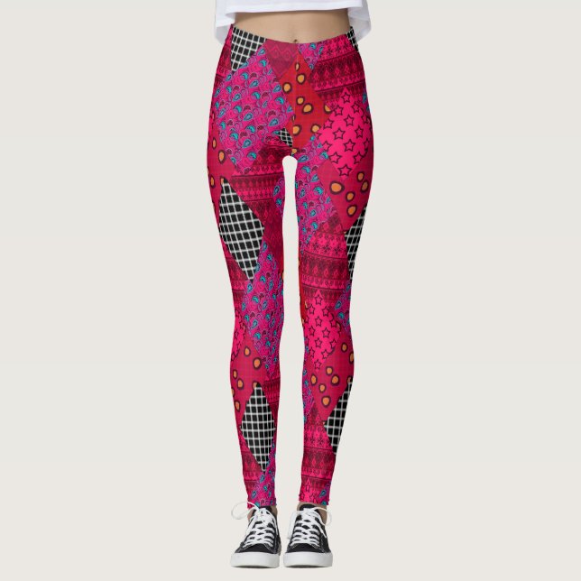 Red  Crimson  Colourful patchwork   Leggings (Front)