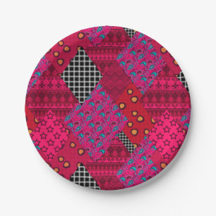 Red Crimson Colourful patchwork Paper Plate