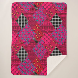 Red  Crimson  Colourful patchwork  Sherpa Blanket