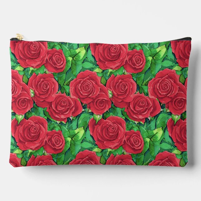 Red / Crimson Watercolor Rose Pattern Accessory Pouch (Front)