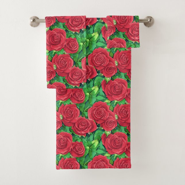 Red / Crimson Watercolor Rose Pattern Bath Towel Set (Insitu)