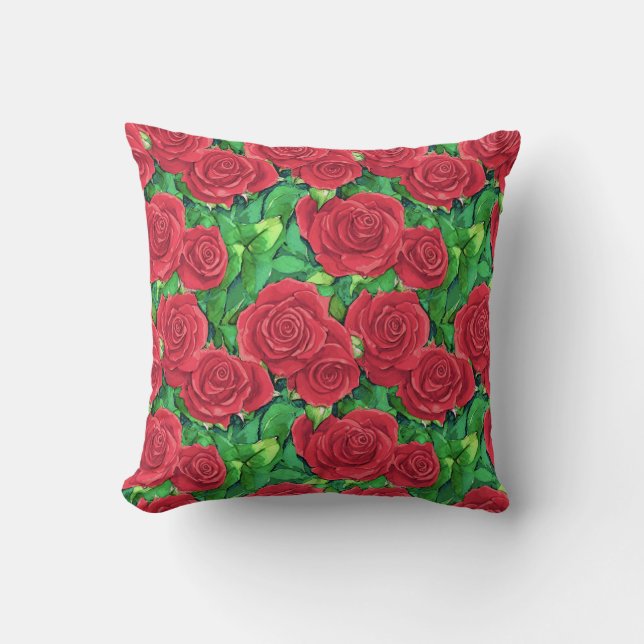 Red / Crimson Watercolor Rose Pattern Cushion (Front)