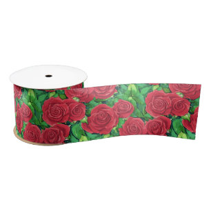 Red / Crimson Watercolor Rose Pattern Satin Ribbon