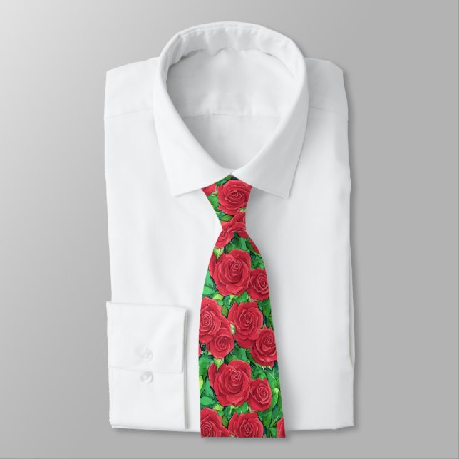 Red / Crimson Watercolor Rose Pattern Tie (Tied)