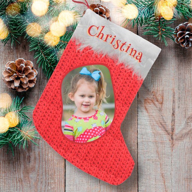 Red Crochet Print Classic Merry Christmas Photo Small Christmas Stocking (Creator Uploaded)