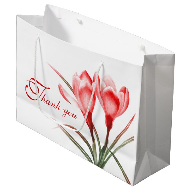 Red crocus watercolor art thank you gift bag (Front Angled)
