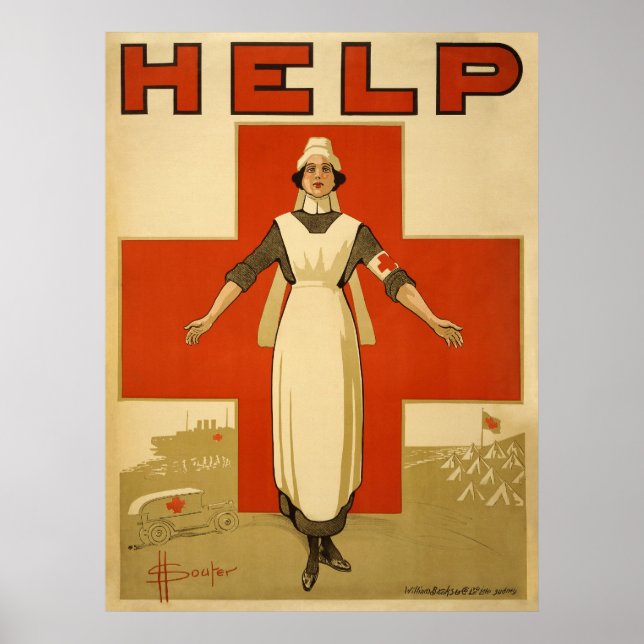 Red Cross Field Nurse Poster Reading HELP (Front)