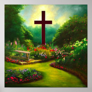 Red Cross in a Beautiful Garden Poster