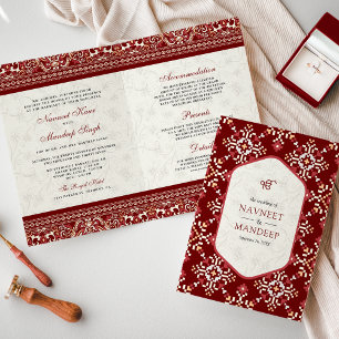 Red Cross-stitch All in One Sikh Wedding Invitation