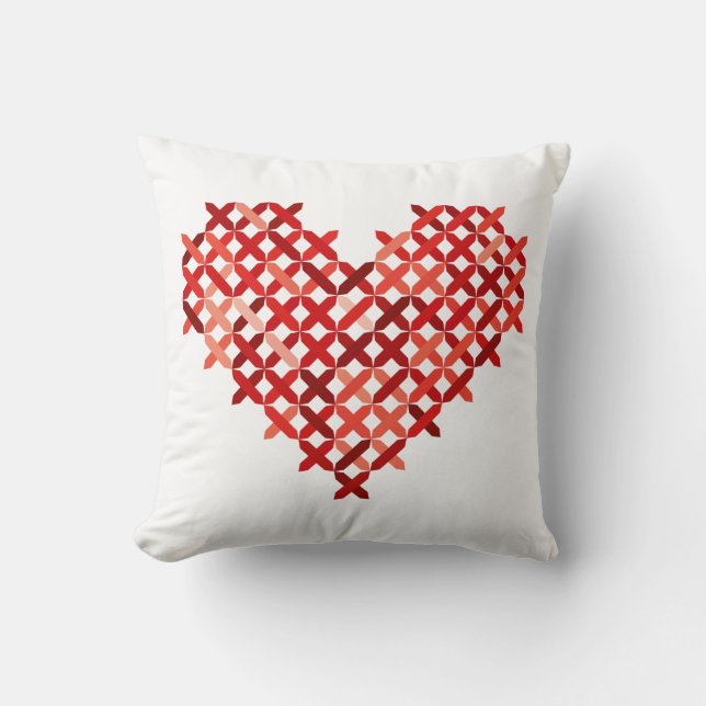 Red Cross-Stitch Look Heart Reversible Country Cushion (Front)