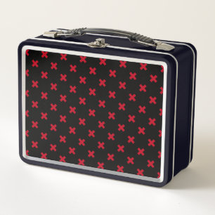 Red cross stitches on black metal lunch box