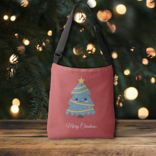 Red Crossbody Bag with Kawaii Christmas Tree 