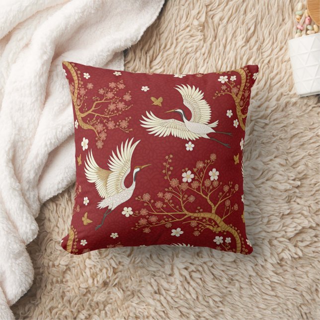 Red Crown Crane Sakura Pattern (1) Cushion (Blanket)