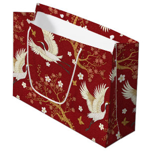 Red Crown Crane Sakura Pattern (1) Large Gift Bag