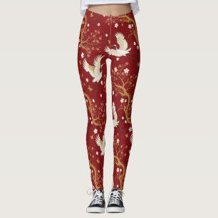 Red Crown Crane Sakura Pattern (1) Leggings