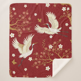 Red Crown Crane Sakura Pattern (1) Sherpa Blanket