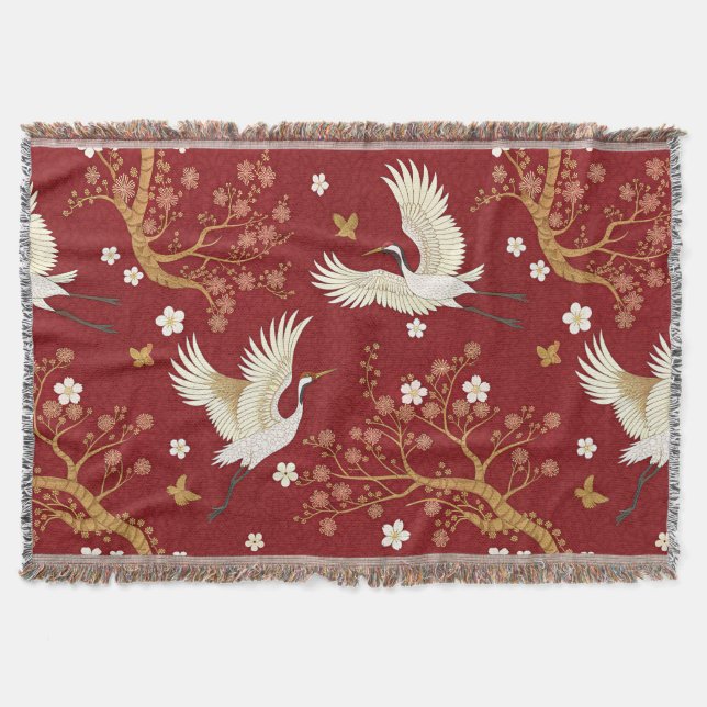 Red Crown Crane Sakura Pattern (1) Throw Blanket (Front)