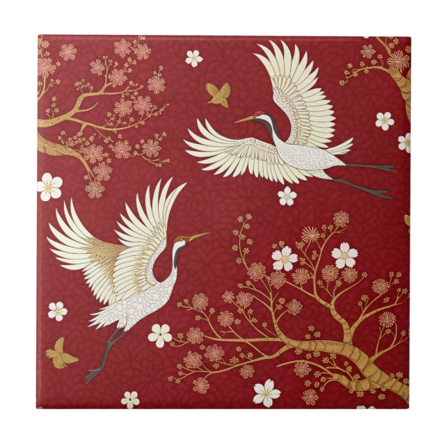 Red Crown Crane Sakura Pattern (1) Tile (Front)