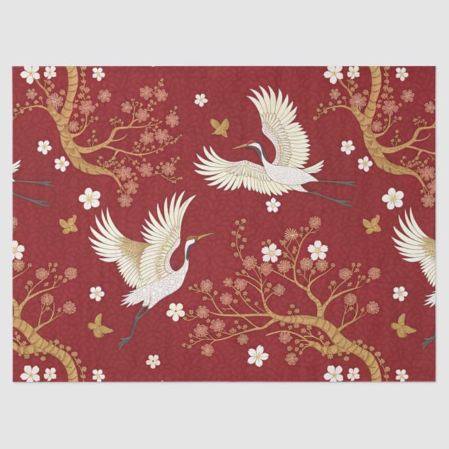 Red Crown Crane Sakura Pattern (1) Tissue Paper (Front)