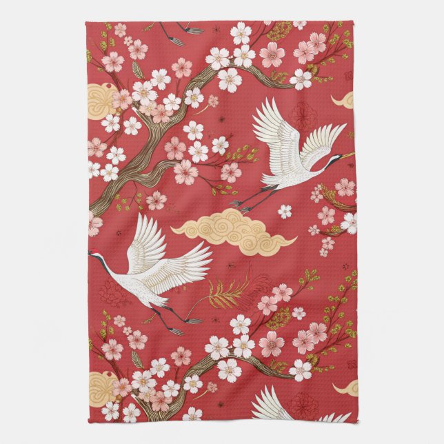 Red Crown Crane Sakura Pattern (2) Tea Towel (Vertical)