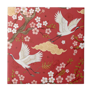 Red Crown Crane Sakura Pattern (2) Tile