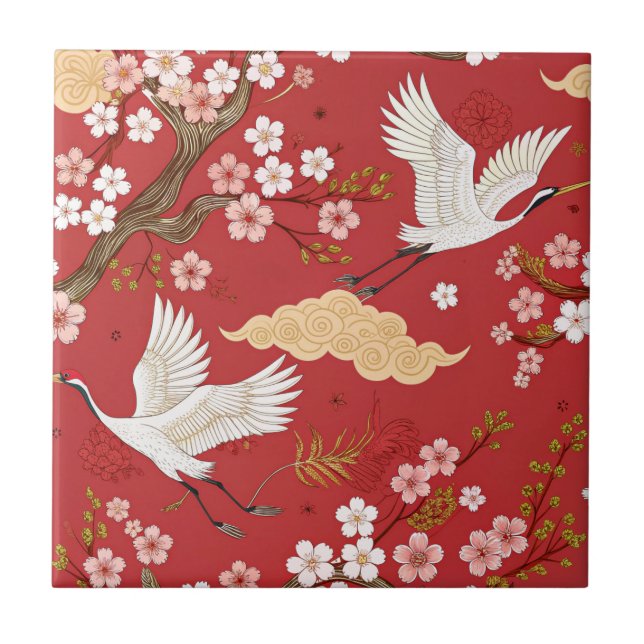 Red Crown Crane Sakura Pattern (2) Tile (Front)