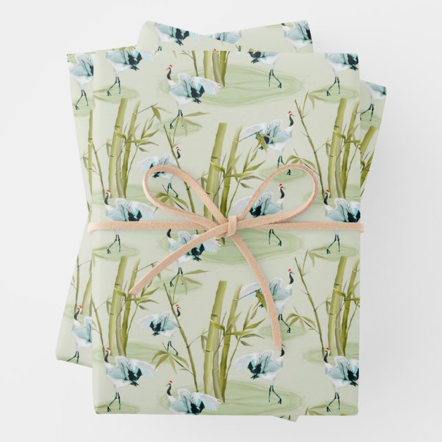 Red Crown Japanese Cranes With Bamboo Pattern Wrapping Paper Sheet (In situ)