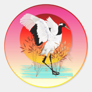 Red Crowned Crane and Setting Sun Stickers