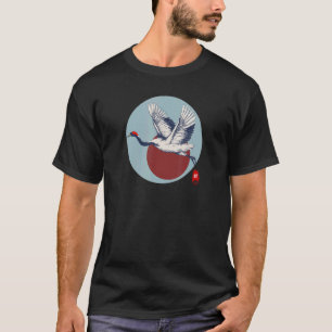 Red Crowned Crane Japanese Bird Tsuru With Flag Of T-Shirt