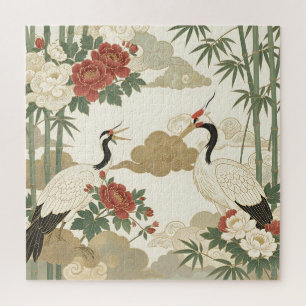 Red Crowned Crane Peony Bamboo Asian Jigsaw Puzzle