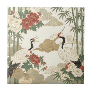 Red Crowned Crane Peony Bamboo Asian Tile