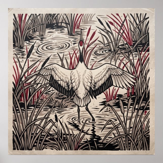 Red Crowned Crane Reed Art Poster (Front)