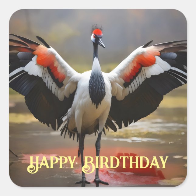 Red Crowned crane standing on water Square Sticker (Front)