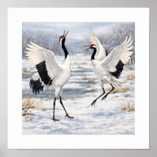 Red-crowned Cranes Dancing in Winter – Poster