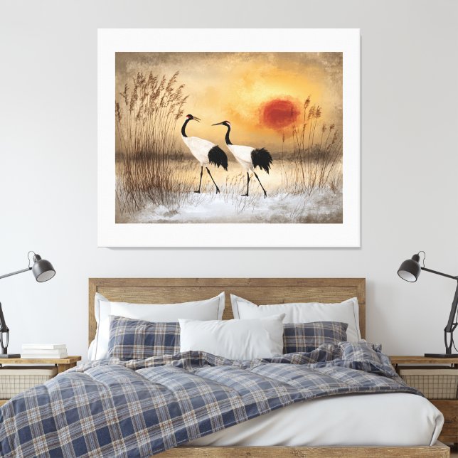 Red crowned cranes, watercolor artwork, canvas print (Insitu(Bedroom))